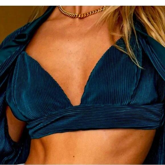 12th Tribe Blue Rib Velvet Velour V-neck Sleeveless Crop Corduroy Bra Tank Top S - Picture 1 of 5